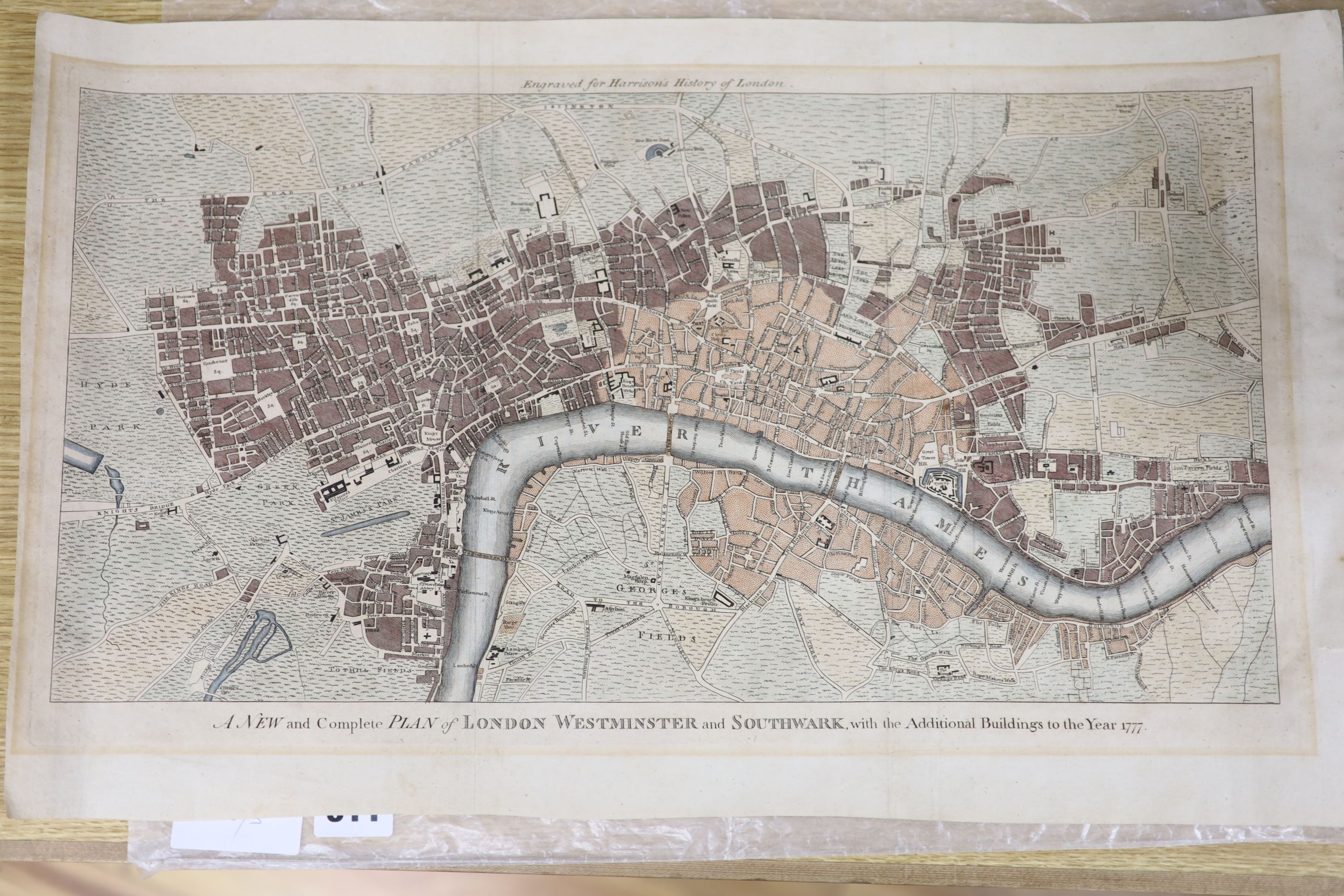 Harrison's History, coloured engraving, New and Complete Plan of London, Westminster and Southwark to the Year 1777, overall 33 x 54cm, unframed